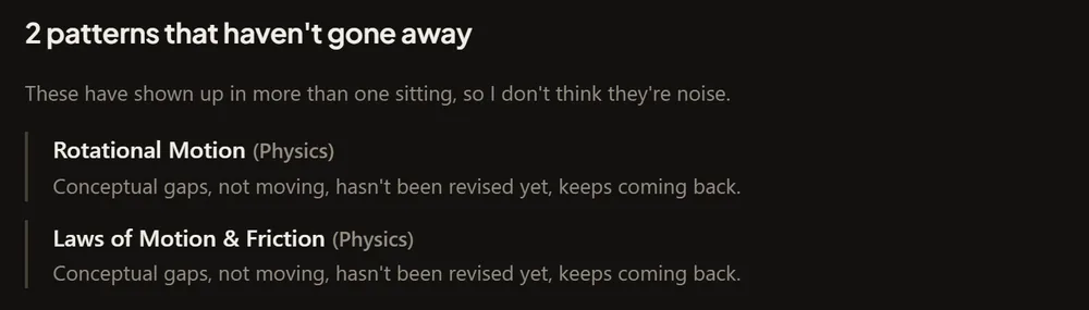 Two patterns that haven't gone away: Rotational Motion, and Laws of Motion and Friction. Conceptual gaps, not moving, hasn't been revised yet, keeps coming back.